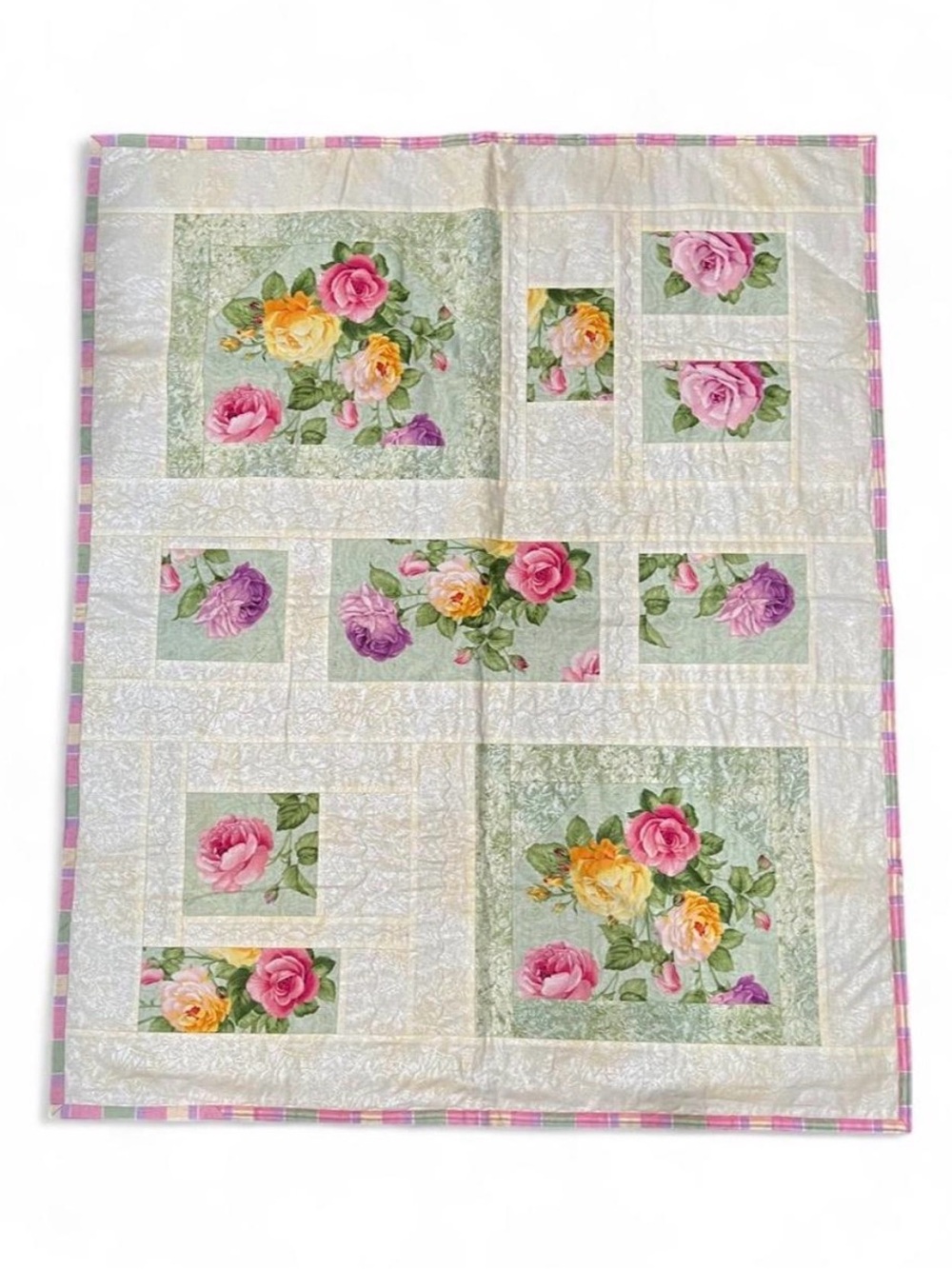 Floral Rose Patchwork Quilt - Pink & Green